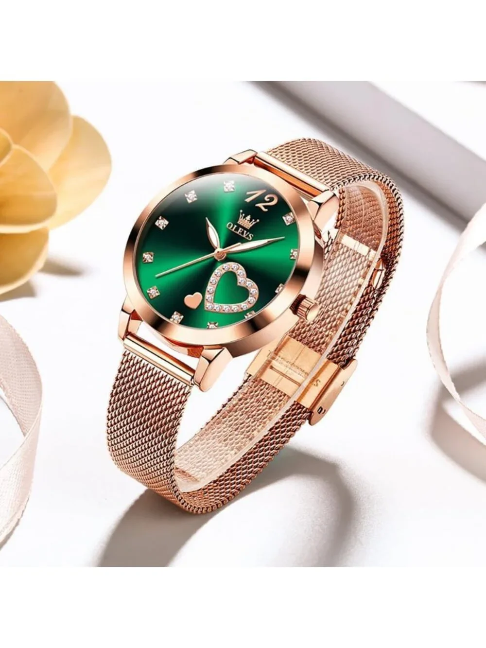 Women's Green Mesh Strap Fashion Dress Hearts Quartz Bracelet Sets Ladies Watch